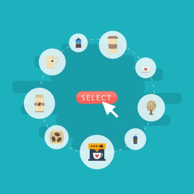 Düz simgeler paketi Latte, plastik bardak, kahve makinesi ve diğer vektör öğeleri. İçecek düz simgeler simge kümesi de içecek, Go, kahve makinesi nesneleri içerir.