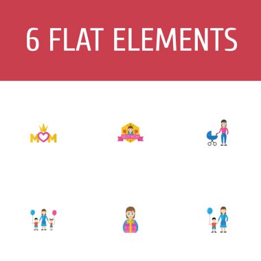 Çocuklar, bebek arabası ve anne sembolleri bir hediye ile mutlu anneler günü düz kutsal kişilerin resmi Bahçe Tasarım. Güzel anne güzel kadınsı tasarım sosyal, Web ve baskı için.