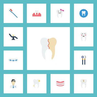 Düz simgeler hijyen, çürüme, tedavi ve diğer vektör öğeleri. Emaye düz simgeler simge kümesi de diş hekimliği, diş ipi, sağlık nesneleri içerir.
