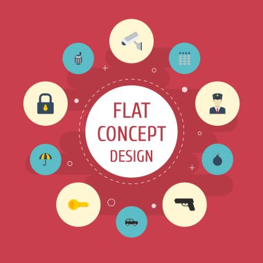 Düz simgeler patlayıcı, silah, asma kilit ve diğer vektör öğeleri. Güvenlik düz simgeler simge kümesi de oranı, güneşli, kapı nesneleri içerir.