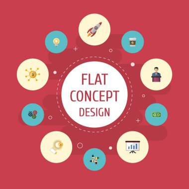 Düz simgeler madeni para, para, ampul ve diğer vektör öğeleri. Başlangıç düz simgeler simge kümesi de içerir ampul, sikke, işadamı nesneleri.