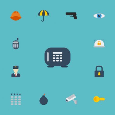 Düz simgeler kask, ipucu, şemsiye ve diğer vektör öğeleri. Ayrıca bomba, kapı, güneşli nesneleri içeren küme güvenlik düz simgeleri simgeleri.