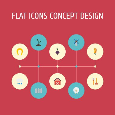 Düz simgeler yel değirmeni, bulut, ahşap bariyer ve diğer vektör öğeleri. Tarım düz simgeler simge kümesi de Mill, ekmek, çit nesneleri içerir.