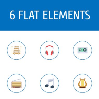 Düz simgeler lir, sesi sembolü, radyo ve diğer vektör öğeleri. Melodi düz simgeler simge kümesi de içerir perküsyon, lir, tarayıcı nesneleri.