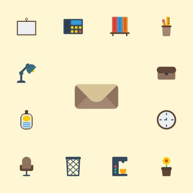 Düz simgeler koltuk, kalem sahibi, kimlik ve diğer vektör öğeleri. Büro düz simgeler simge kümesi de sepet, posta, duvar nesneleri içerir.