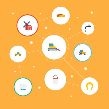 Düz simgeler bulut, alan, manzara vektör öğeleri. Tarım düz simgeler simge kümesi de içerir buldozer, kova, vurdu nesneleri.