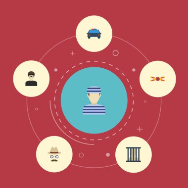 Düz simgeler hırsız, hapishane, uyarı şerit ve diğer vektör öğeleri. Ayrıca hapishane, polis, olay nesneleri içeren küme suç düz simgeleri simgeleri.