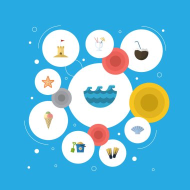 Düz simgeler deniz yıldızı, kürek, deniz ve diğer vektör öğeleri. Beach düz simgeler simge kümesi de kokteyl, Palm, ağrı nesneleri içerir.