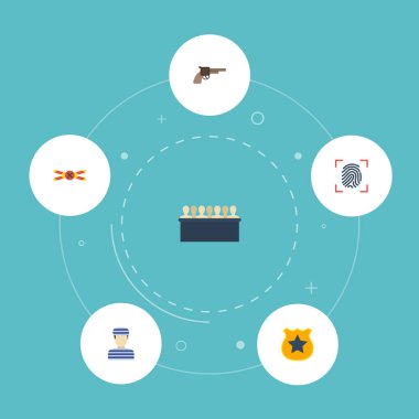 Düz simgeler parmak izi, mahkum, jüri ve diğer vektör öğeleri. Ayrıca suç, polis, mahkum nesneleri içeren küme suç düz simgeleri simgeleri.