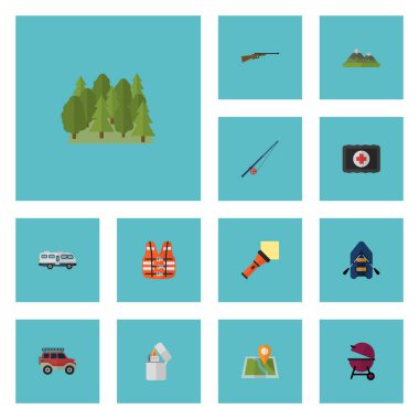 Düz simgeler çakmak, Barbekü, Hill ve diğer vektör öğeleri. Kamp düz simgeler simge kümesi de içerir yardım, hayat, konum nesneleri.