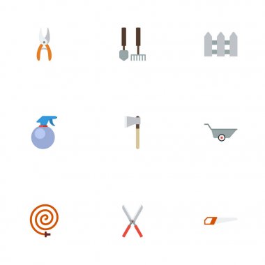 Düz simgeler araçları, el arabası, sprey şişe ve diğer vektör öğeleri. Bahçe düz simgeler simge kümesi de testere, el, el arabası nesneleri içerir.