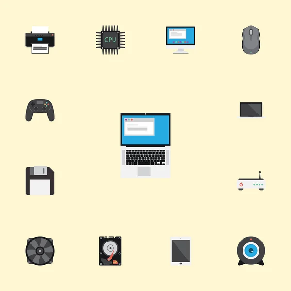 Плоскі піктограми відображають, мікропроцесор, монітор та інші векторні елементи. Набір символів комп'ютерних плоских піктограм також включає в себе модем, комп'ютер, мікропроцесорні об'єкти . — стоковий вектор