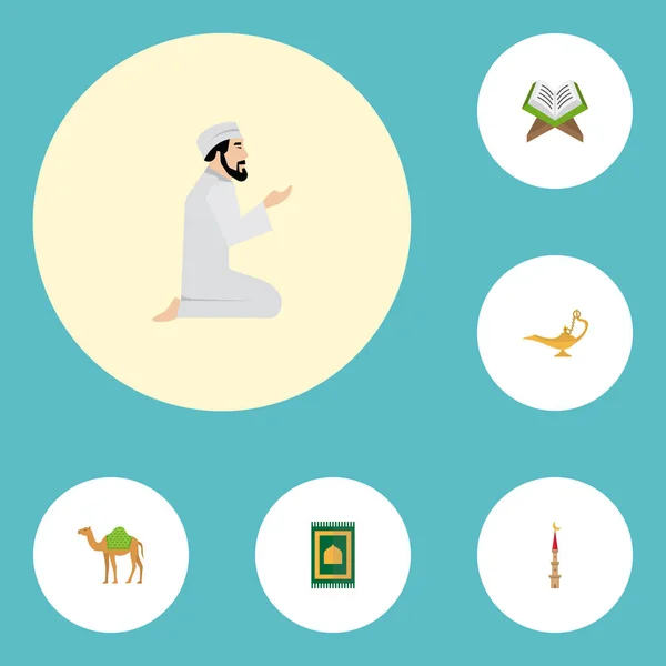 Ploché ikony modlitební koberce, Džin, mešita a další prvky vektoru. Sada symbolů ploché ikony náboženství také zahrnuje Dromedary, modlit se, Korán objekty. — Stockový vektor