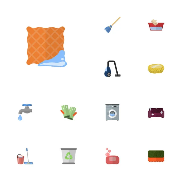 Lapos ikonok csaptelep, Wisp, mosogatórongy és egyéb vektoros elemek. Higiéniai lapos ikonok szimbólumok is tartalmaz szappan, Bast, mosás objektumok. — Stock Vector