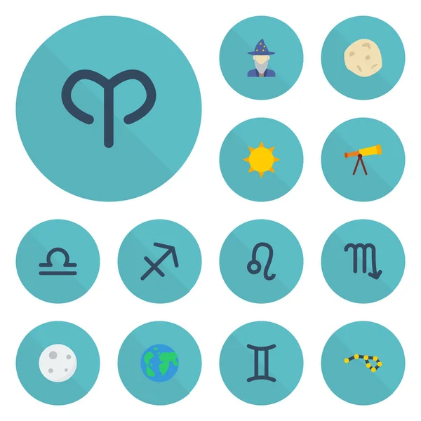 Icônes plates Lunaire, planète Terre, échelles et autres éléments vectoriels. Ensemble de symboles d'icônes plates comprend également le soleil, le zodiaque, les objets août . — Image vectorielle