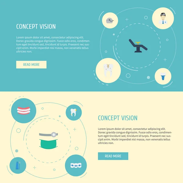 Ortodontista ploché ikony, stomatologie, implantace a další prvky vektoru. Sada dentální plochého ikony symbolů zahrnuje také zubař, implantát, čištěné předměty. — Stockový vektor