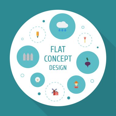 Düz simgeleri manzara, Kültivator, bulut vektör öğeleri. Ayrıca yağmur, kişi, yağmurlu nesneleri içeren küme hasat düz simgeleri simgeleri.