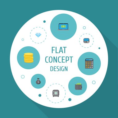 Düz simgeler Finans çuval, cüzdan, mücevher mücevher ve diğer vektör öğeleri. Ayrıca çuval, kasa, muhasebe nesneleri içeren küme Finans düz simgeleri simgeleri.