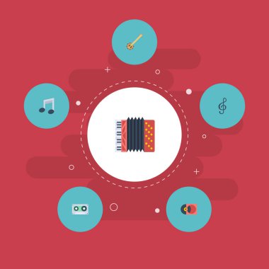 Düz simgeler kaset, mızıka, sesi sembolü ve diğer vektör öğeleri. Müzik düz simgeler simge kümesi de içerir teyp, Banjo, kaset nesneleri.