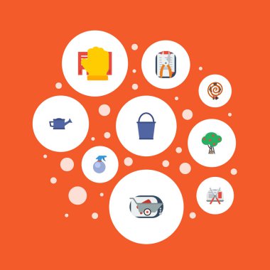 Düz simgeler kova, sprey şişe, bahçe hortumu ve diğer vektör öğeleri. Bahçe düz simgeler simge kümesi de Barrow, meyve, eldiven nesneleri içerir.