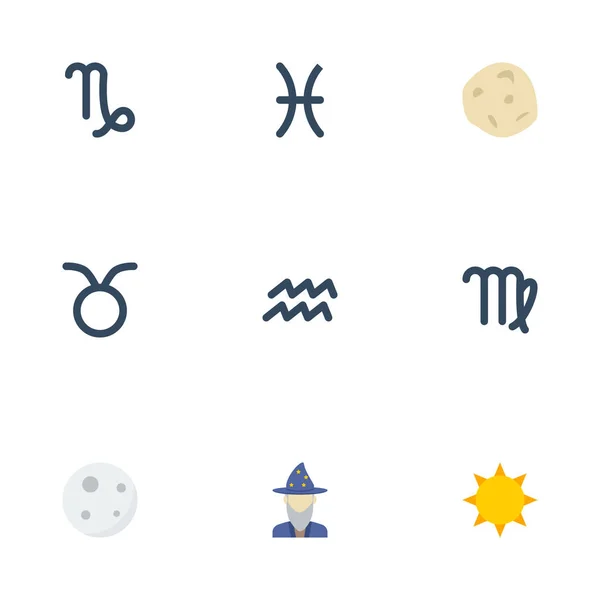 Flache Symbole Augur, Jungfrau, Komet und andere Vektorelemente. Set von flachen Symbolen Symbole enthält auch deva, Mond, augur Objekte. — Stockvektor