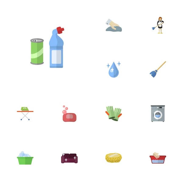 Ikonok lakás takarítás, mosoda, Aqua és egyéb vektoros elemek. A takarítás lapos ikonok szimbólumok is tartalmaz Bast, mosás, szobalány objektumok. — Stock Vector