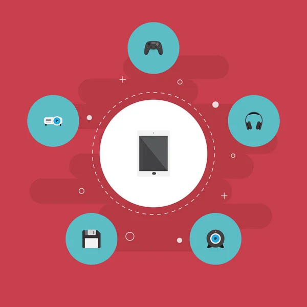 Plat pictogrammen webcam, Palmtop, Diskette en andere vectorelementen. Set van Computer plat pictogrammen symbolen bevat ook oortelefoon, Camera, Controller objecten. — Stockvector