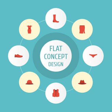 Düz simgeler çorap, Fedora, yelek ve diğer vektör öğeleri. Ayrıca kadın, Ayakkabı, çorap nesneleri içeren küme elbise düz simgeleri simgeleri.