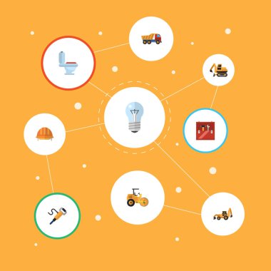 Düz simgeler Van, traktör, tuvalet ve diğer vektör öğeleri. İnşaat düz simgeler simge kümesi de ampul, ekipman, Van nesneleri içerir.