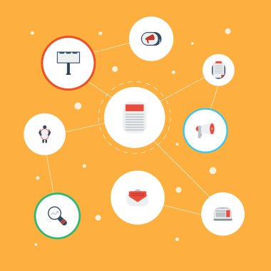 Simgeler ileti, dostum Banner, dizüstü bilgisayar ve diğer vektör öğeleri ile düz. Düz simgeleri simgeleri reklam aynı zamanda afiş, megafon, e-posta nesneleri içerir.