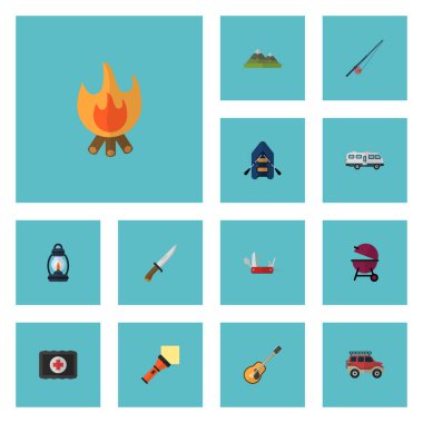 Düz simgeler müzik, çakı, Hill ve diğer vektör öğeleri. Ayrıca gemi, karavan, Suv nesneleri içeren küme kamp düz simgeleri simgeleri.
