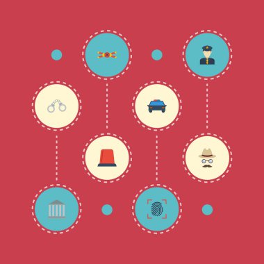 Düz simgeler polis, Müfettiş, Bina ve diğer vektör öğeleri. Suç düz simgeler simge kümesi de içerir uyarı, Araba, polis nesneleri.