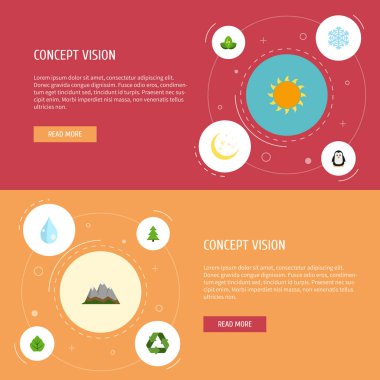 Düz simgeleri manzara, ağaç, bitki örtüsü vektör öğeleri. Doğa düz simgeler simge kümesi de kar tanesi, İmparator, tepe nesneleri içerir.