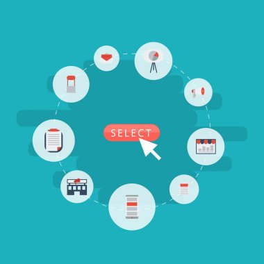 Düz simgeler reklam, megafon, istatistik ve diğer vektör öğeleri. Düz simgeleri simgeleri pazarlama seti de megafon, Tripod, istatistikler nesneleri içerir.