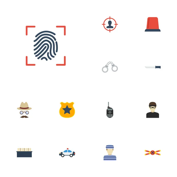 Lapos ikonok tolvaj, ellenőr, fogoly és egyéb vektoros elemek. A bűnözés lapos ikonok szimbólumok is tartalmaz esküdtek, gyanús, bűnözés objektumok. — Stock Vector