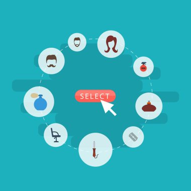 Düz simgeler saç modeli, parfüm, dirsek sandalye ve diğer vektör öğeleri. Kuaför düz simgeler simge kümesi de içerir mobilya, Kuaförlük, jilet nesneleri.