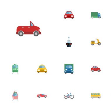 Düz simgeler tramvay, Scooter, taşıma ve diğer vektör öğeleri. Ayrıca nakliye, tren, Scooter nesneleri içeren küme taşıma düz simgeleri simgeleri.