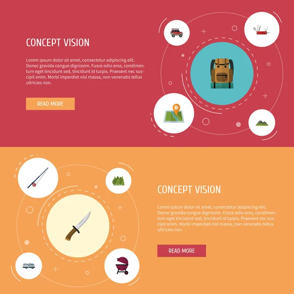 平的图标捕鱼、 小刀、 位置和其他矢量元素。营单位图标符号集还包括森林，刀，烧烤对象. — 图库矢量图片