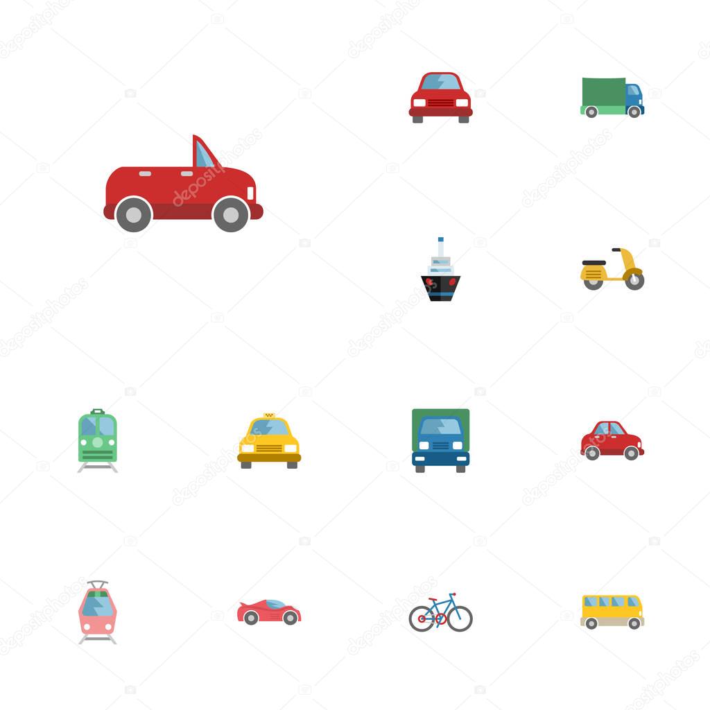 Flat Icons Streetcar, Scooter, Transport And Other Vector Elements. Set Of Transport Flat Icons Symbols Also Includes Transport, Train, Scooter Objects.