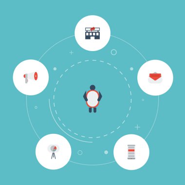 Afiş ve diğer vektör öğeleri düz simgeler bina, megafon, adam. Düz simgeleri simgeleri pazarlama seti de istatistikleri, adam, kampanya nesneleri içerir.