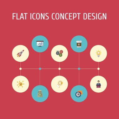 Düz simgeler roket, sikke, işadamı ve diğer vektör öğeleri. Ayrıca ampul, başlangıç, fikir nesneleri içeren küme başlangıç düz simgeleri simgeleri.