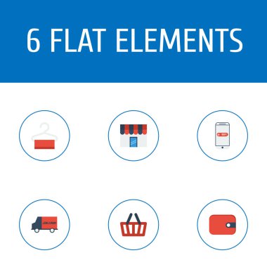 Düz simgeler çanta, çanta, elbise vektör öğeleri hazır. Düz simgeleri simgeleri alışveriş de cüzdan, satın alma, çanta nesneleri içerir.