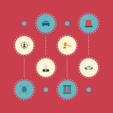 Düz simgeler şüpheli, parmak izi, hapishane ve diğer vektör öğeleri. Ayrıca yargıç, tokmak, otomobil nesneleri içeren küme suç düz simgeleri simgeleri.