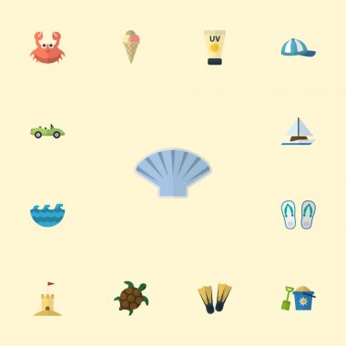 Düz simgeler kaplumbağa, deniz kabuğu, terlik ve diğer vektör öğeleri. Beach düz simgeler simge kümesi de ağrı, kale, kürek nesneleri içerir.
