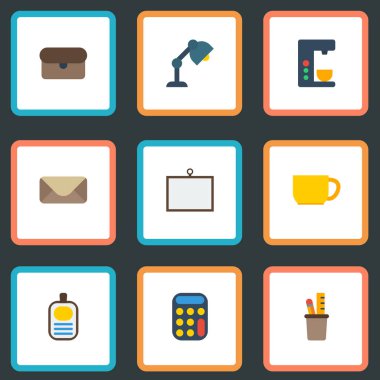 Düz simgeler beyaz tahta, masası ışık, harf ve diğer vektör öğeleri. Ayrıca cetvel, posta, lamba nesneleri içeren küme Office düz simgeleri simgeleri.