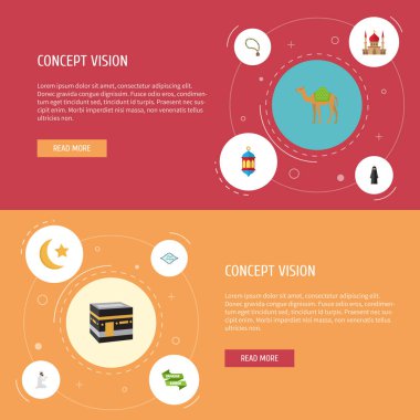 Düz simgeler Arapça hat, Mekke, dua eden adam ve diğer vektör öğeleri. Din düz simgeleri simgeleri de kadın, Poster, mübarek nesneleri içerir.