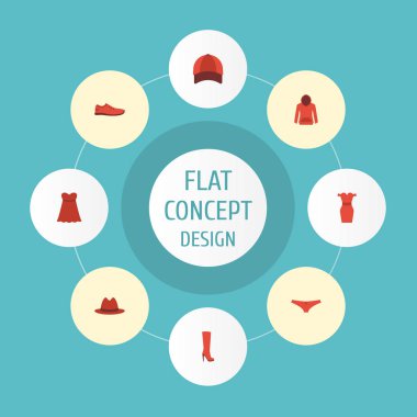 Düz simgeler şapka, iç çamaşırı, Sundress ve diğer vektör öğeleri. Giysi düz simgeler simge kümesi de Fedora, iç çamaşırı, Ayakkabı nesneleri içerir.