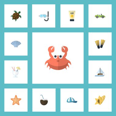 Düz simgeler içki, Sailboard, kabuk ve diğer vektör öğeleri. Ayrıca hayvan, Palm, araba nesneleri içeren küme Beach düz simgeleri simgeleri.