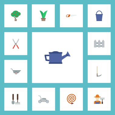 Düz simgeler çim biçme makinesi, sulama olabilir, yeşil ahşap ve diğer vektör öğeleri. Bahçe düz simgeler simge kümesi de içerir bahçıvan, Bucketful, eskrim nesneleri.