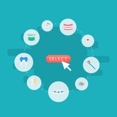 Düz simgeler küme ayracı, çocuk diş hekimi, diş taç ve diğer vektör öğeleri. Diş düz simgeler simge kümesi de ipi, tedavi, diş hekimi nesneleri içerir.